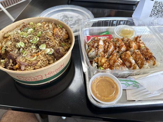 Chicken, steak, and shrimp fried rice with the rock and roll roll