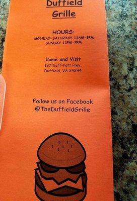 Menu from their Facebook page