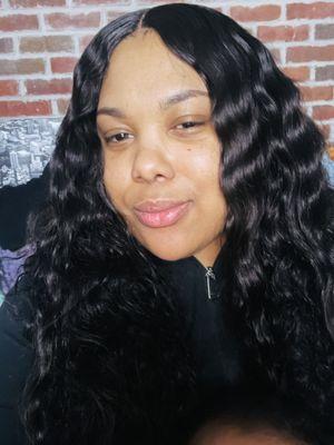 D, did it again. Wash, sew-in, HD lace closure with wet n wavy set. She also touched up my eyebrows!