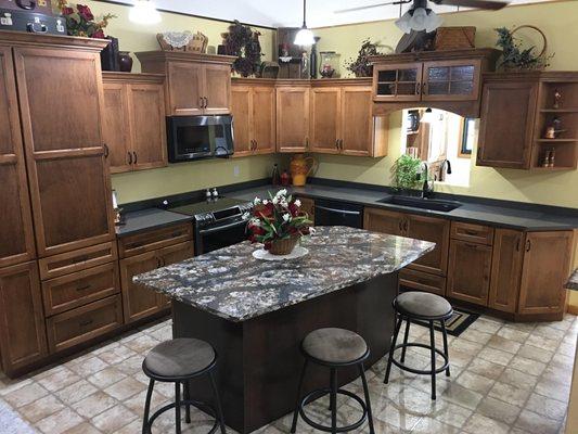 Wheat Stain on Maple Wood Corian Quartz Perimeter Countertop Cambria Quartz Island Countertop