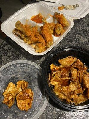 Hot wings and orange chicken
