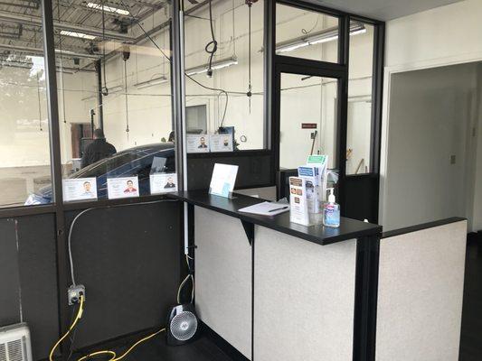 Clean waiting room with a magazine selection and public restroom