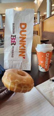 Glazed donuts and hot chocolate.