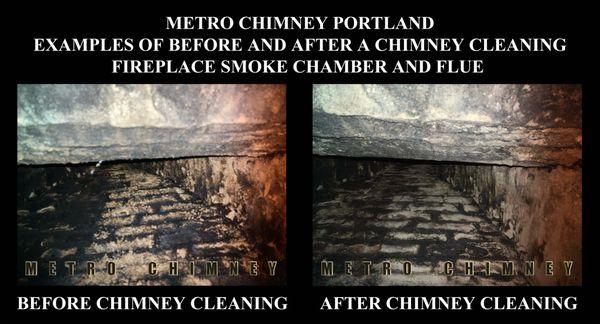 Fireplace flue in SW Portland, Oregon before and after Metro Chimney based in Lake Oswego, Oregon cleaned it.