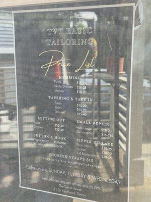 Tailoring Price List