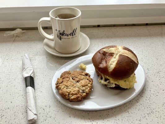 The weekly sandwich, chocolate chip cookie, jasmine green tea