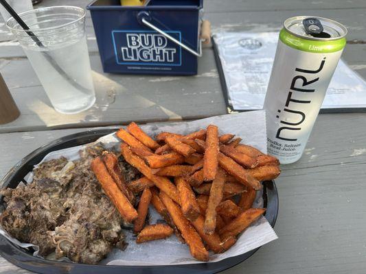 Steak and cheese sandwich no bread and sweet potato fries. So good! And good quantity.