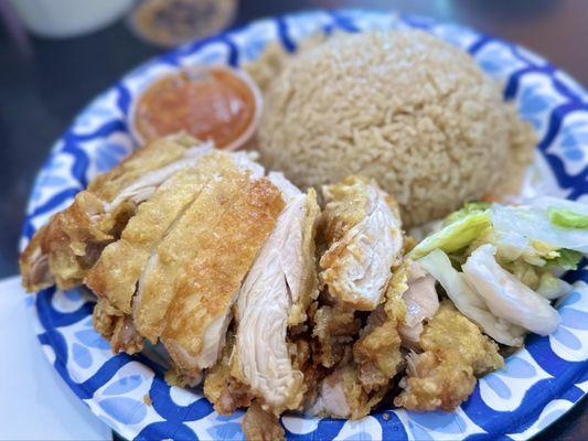 Fried Hainan Chicken Rice. Tender chicken, nice crispy batter, very tasty even without the sweet chili sauce.