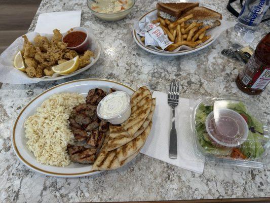 Souvlaki Dinner/Salad and a side order of Fried Calamari
