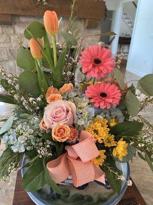 Spring Morning Basket Arrangement with substitutions that looked better than the website!