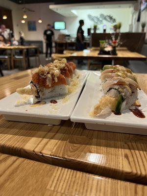 Red Dragon Roll on left, Hamachi Special Roll on right