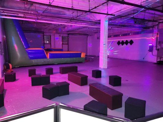 View from the dj booth. Lounge area and adult entertainment center.