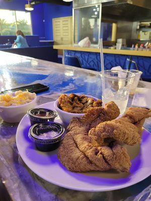 Catfish, Mac n cheese, sweet potato casserole
