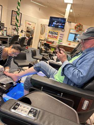 My guy enjoying a pedicure