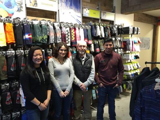 Your Park City Smartwool Team Left to Right. Kate, Assistant Manager Ashley, Manager Todd, Julio.