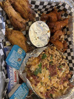 Combo #3 Chicken Wangz (lemon pepper/buffalo) Baked Potato with chicken, shrimp, cheese, green onions, bacon bits