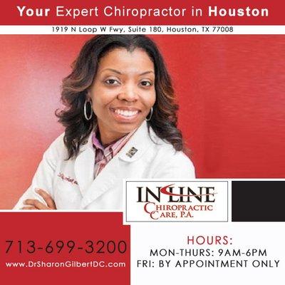 Chiropractor in Houston, Texas, In-Line Chiropractic Care, P.A.. Call to schedule with Dr. Sharon Joubert-Gilbert: 713-699-3200.