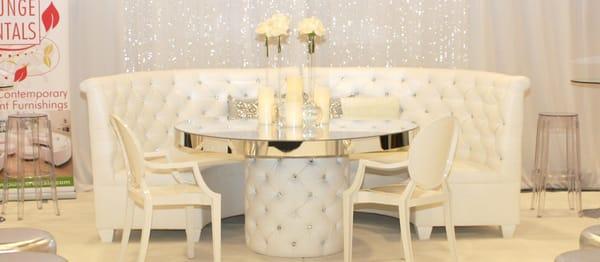 DFW Lounge Rentals. Contemporary Furnishing Rentals for Sophisticated Events -Sweetheart Table. Tufted Back & Mirror Round Table
