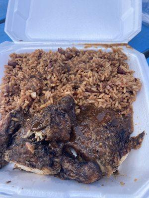 Jerk Chicken with extra rice and peas. I don't like plantains and greens so I just got extra rice. Service was quick as well.