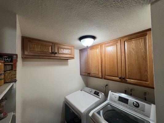 3 wall cabinets reinstalled & the wall and ceiling had a touch up painting