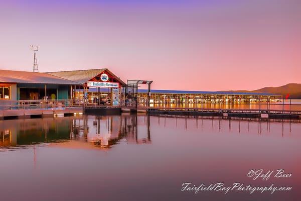The Fairfield Bay Marina on Greer's Ferry Lake in Van Buren County, North-Central Arkansas, at dusk.