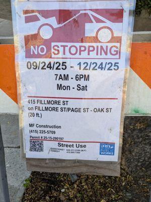 Construction zone no parking sign