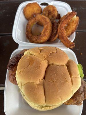 New codfish sandwich with overcooked onion rings