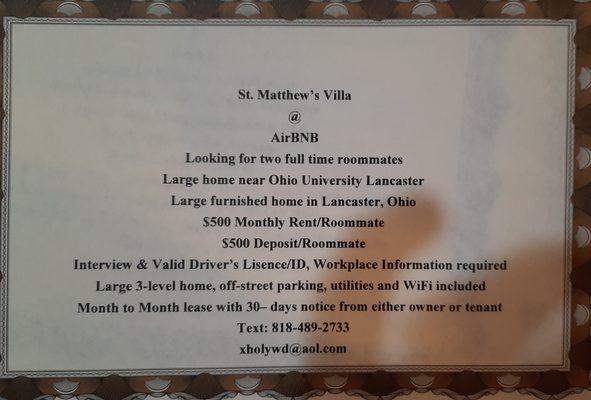 Wanted roommates for property near OU-Lancaster Ohio $500 deposit $500 month to month per roommate text 818-489-2733