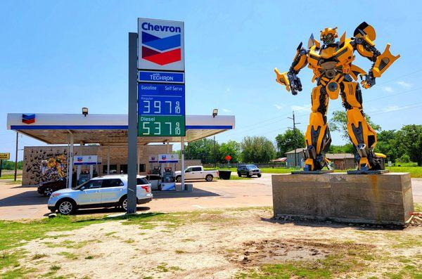 24 feet tall, on a 5 foot pedestal. Nobody is allowed to climb Bumblebee. Please respect other people getting photos, cooperate.