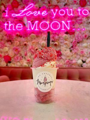 MoonScoops DoubleTrouble: House made MoonIce and Straus Organic Vanilla soft serve together for a strawberries & cream delight! Yummm!!!