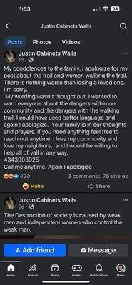 Insanity don't let this person into your home!! The post under this half assed apology woof