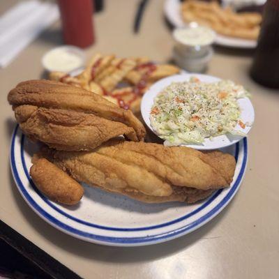 Fried Flounder filet w/ coleslaw and fries.