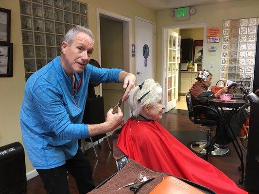 My Mom is letting me cut her hair and I'm recovering from a chemical hair cut. Color removal and 40 D to fix it. I was young.