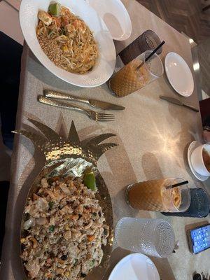 60. Pad Thai Noodle and 59. Pineapple Fried Rice with Thai Iced Tea