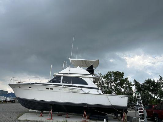 Huge Bimini on a 50' Bertram's Fly Bridge