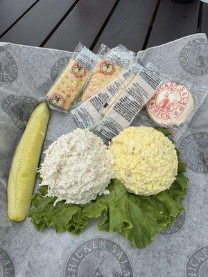 A scoop of Dixie Chick Chicken Salad and Egg Salad.