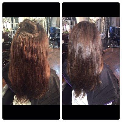 After the Microlinks hair extensions are reapplied. The hair and colors still feels and blends together like my own. After over 8 months!