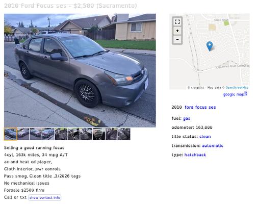 A photo of the Craigslist ad, clearly showing a residential photo of an undamaged vehicle, instead of the damaged vehicle on the dealer lot.