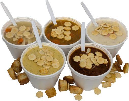 Hot soups - Potato Bacon, Broccoli Cheese, Hearty Vegetable, Chicken Noodle and our own homemade Chili.