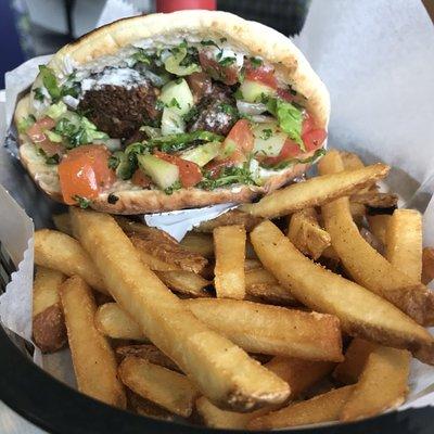 Falafel wrap and crispy fries