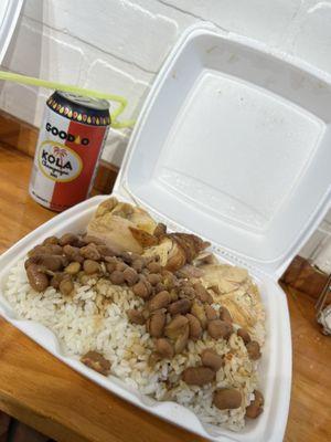 White rice, beans, chicken.