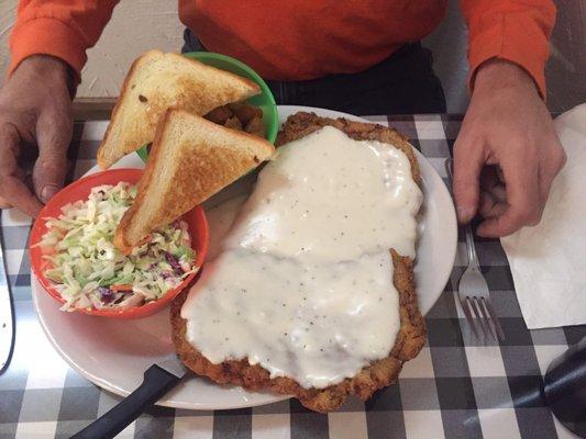 Chicken fried steak with fried okra & coleslaw
