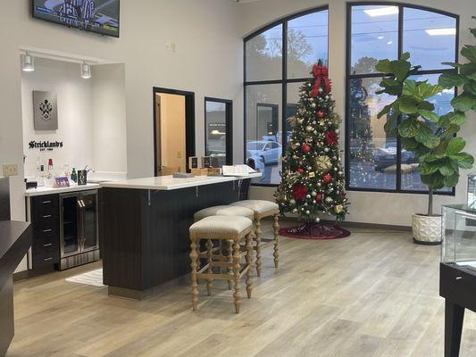 Strickland's repair and waiting counter in the Christmas Season.