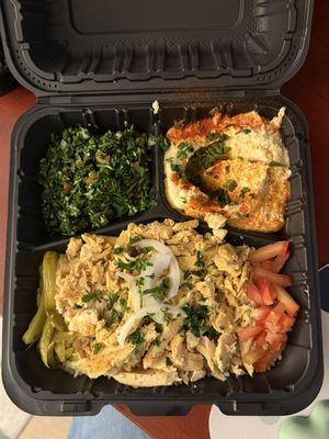 Chicken shawarma plate with tabouli and hummus