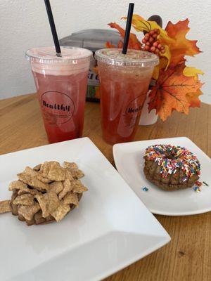 Pink drink & watermelon cucumber drink, with sprinkles & cinnamon crunch donuts
