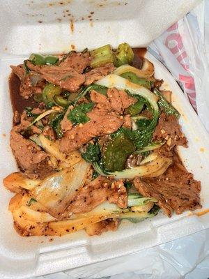 Black Pepper Beef + bokchoy (no mushrooms)