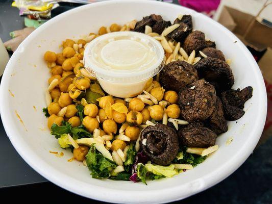 Golden Spice chickpeas, basil mushrooms, kale slaw, chilled sweet potato noodles, creamy white ginger sauce