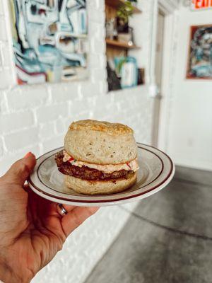 Sausage biscuit with pimento cheese