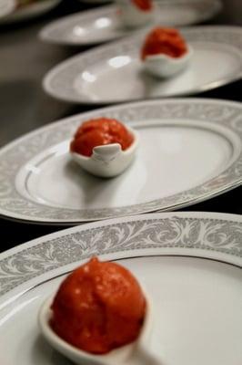 The blood orange sorbet intermezzo from the MISSIONS RESTAURANT gourmet class meal at Central UMC in March 2015.