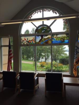 Beautiful reading area with a lake view.
